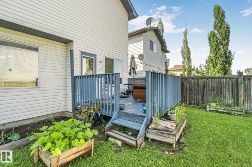 Expansive backyard featuring a raised wooden deck with protective railings, a privacy fence, and multiple raised garden beds - 2819 33 Street Nw, Edmonton, AB - Outdoor