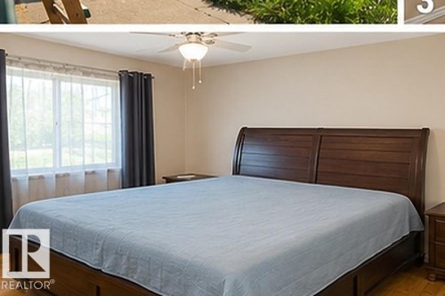 Bedroom with light beige walls and wood-finish flooring - 7812 144 Avenue Nw, Edmonton, AB - Indoor Photo Showing Bedroom