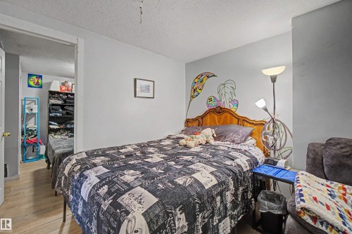 Light gray walls and wood-finish flooring provide a neutral backdrop for furnishings - 8215 149 Street Nw, Edmonton, AB - Indoor Photo Showing Bedroom