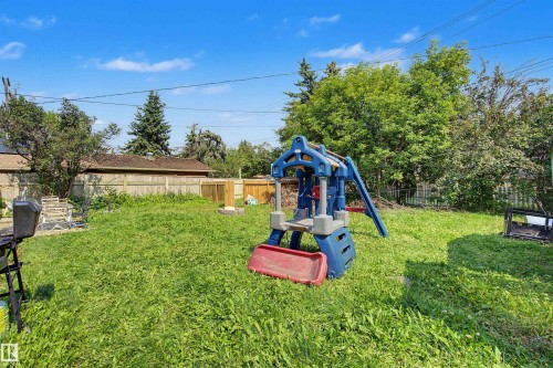 Expansive grassy backyard featuring a perimeter wooden fence and mature trees - 8215 149 Street Nw, Edmonton, AB - Outdoor