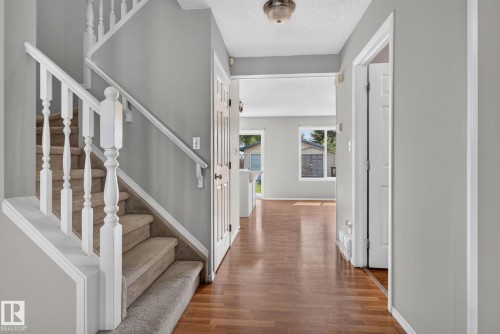Entryway featuring wood-finish flooring and a carpeted staircase with white balusters - 8923 173 Avenue Nw, Edmonton, AB - Indoor Photo Showing Other Room