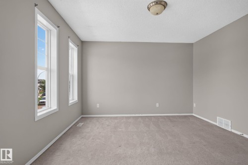 Carpeted room featuring two prominent windows, neutral-toned walls, white baseboards, and a ceiling-mounted light fixture - 8923 173 Avenue Nw, Edmonton, AB - Indoor Photo Showing Other Room