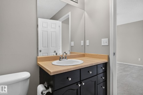 Bathroom vanity with wood-finish countertop, integrated sink, and brushed chrome faucet - 8923 173 Avenue Nw, Edmonton, AB - Indoor Photo Showing Bathroom