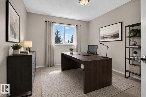 Naturally lit room featuring neutral wall tones, textured carpeting, a single window with drapes, and a flush mount ceiling light - 8923 173 Avenue Nw, Edmonton, AB - Indoor Photo Showing Office