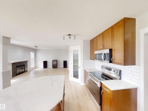 21107 58 Avenue Nw, Edmonton, AB - Indoor Photo Showing Kitchen With Fireplace