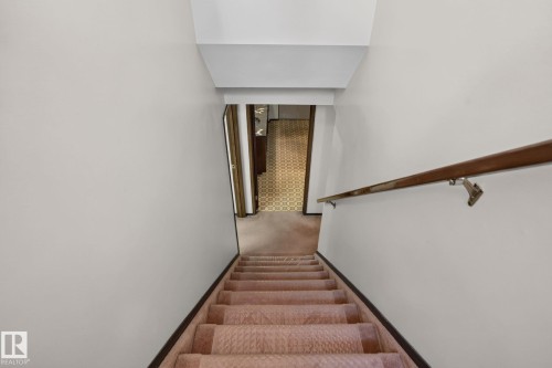 Carpeted staircase with a wood handrail descending to a patterned floor - 6012 145 Avenue Nw, Edmonton, AB - Indoor Photo Showing Other Room