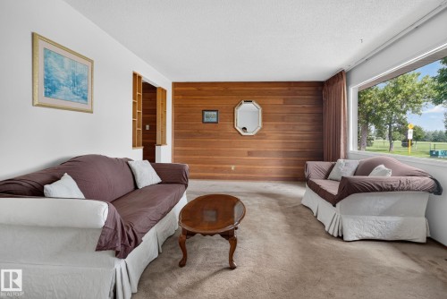 Living area with wood-paneled accent wall, carpeted flooring, and a large picture window showcasing mature trees and green space - 6012 145 Avenue Nw, Edmonton, AB - Indoor Photo Showing Living Room