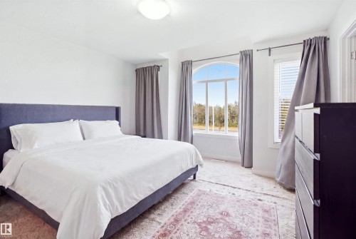 Spacious bedroom with a large arched window and additional window, offering ample natural light - #22 723 172 Street Sw, Edmonton, AB - Indoor Photo Showing Bedroom