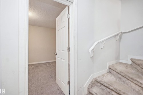 Carpeted stairs featuring a white handrail, leading to a room with light grey carpet and neutral wall paint - #22 723 172 Street Sw, Edmonton, AB - Indoor