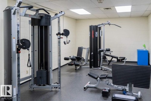 Fitness center featuring multiple exercise machines, durable rubber flooring, and bright overhead lighting - #509 10149 Saskatchewan Dr Nw, Edmonton, AB - Indoor Photo Showing Gym Room