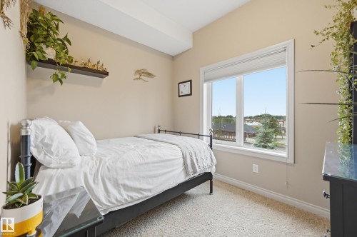 Windowed room featuring an expansive window, neutral wall tones, textured carpeting, and a built-in floating shelf - #443 10121 80 Av Nw, Edmonton, AB - Indoor Photo Showing Bedroom