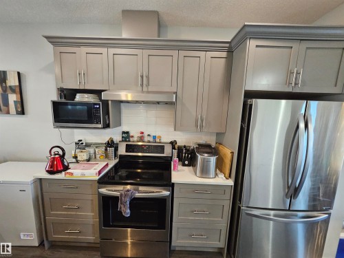 Kitchen featuring gray shaker-style cabinetry, stainless steel appliances, a white tile backsplash, and light-toned countertops - 13309 104 Street Nw, Edmonton, AB - Indoor Photo Showing Kitchen