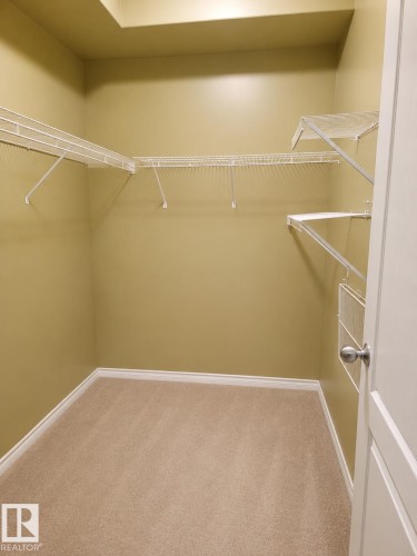 Walk-in closet featuring light beige walls, neutral carpet flooring, and white wire shelving - #202 16715 100 Av Nw, Edmonton, AB - Indoor With Storage