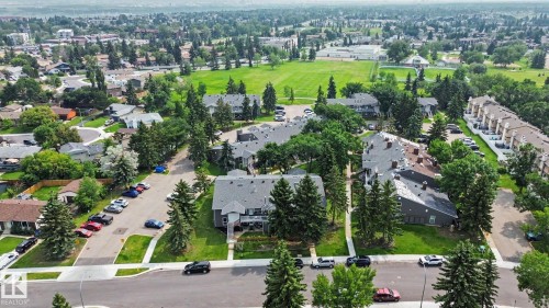 Aerial overview of a residential area featuring multiple buildings with dark roofs and light-colored siding, surrounded by mature trees and manicured green spaces - #39 3111 142 Av Nw, Edmonton, AB - Outdoor With View