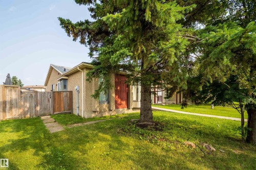 Exterior featuring a stucco facade, wood plank fencing, mature trees, and a manicured lawn - 1719 37 Street Nw, Edmonton, AB - Outdoor