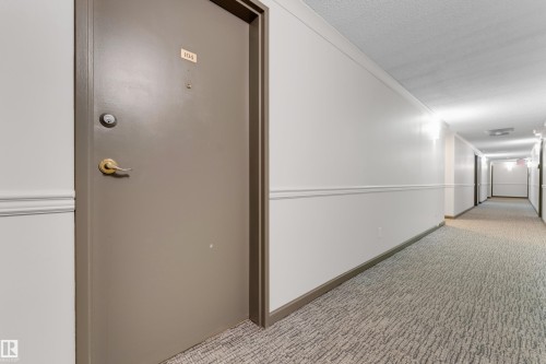 Entry door featuring a brass-finish handle and deadbolt hardware - #104 11445 41 Av Nw, Edmonton, AB - Indoor Photo Showing Other Room