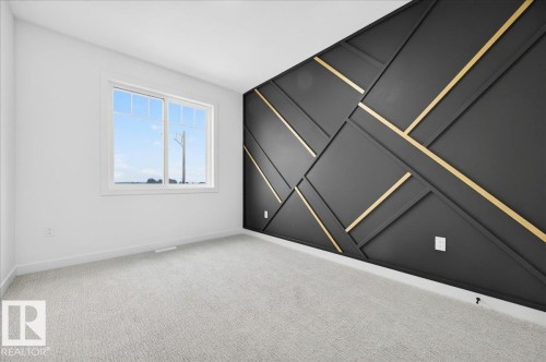 Accent wall featuring geometric paneling in black with gold trim - 427 172 Avenue Nw, Edmonton, AB - Indoor Photo Showing Other Room