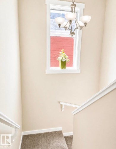 Staircase featuring neutral carpeting, white handrails, and a window with white trim - 5135 1A Avenue Sw, Edmonton, AB - Indoor Photo Showing Other Room