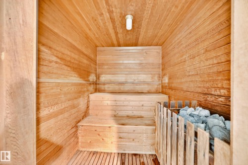 Integrated sauna featuring light wood paneling, tiered bench seating, slatted wood flooring, a ceiling-mounted light fixture, and a rock-filled heater with a protective wood barrier - #401 14810 51 Av Nw, Edmonton, AB - Indoor Photo Showing Other Room