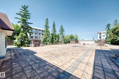 Expansive paved courtyard featuring varied paver patterns, mature evergreen trees, and built-in planters - #401 14810 51 Av Nw, Edmonton, AB - Outdoor