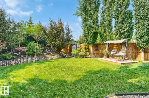 Expansive backyard oasis featuring a meticulously manicured lawn, mature landscaping with towering evergreen trees, decorative metal fencing, wooden pergola structure with seating area, and hardscaped pathways - 22 Voleta Crest, Spruce Grove, AB - Outdoor With Backyard