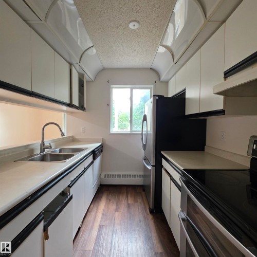 #201 17467 98A Av Nw, Edmonton, AB - Indoor Photo Showing Kitchen With Double Sink