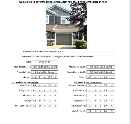 Real Estate Listing Data Sheet. Displaying property dimensions and room measurements for a specific address - 3048 Harvey Crescent Nw, Edmonton, AB - Other