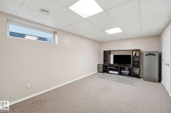 Carpeted recreation room featuring an egress window, drop ceiling with recessed lighting, and painted walls - 
