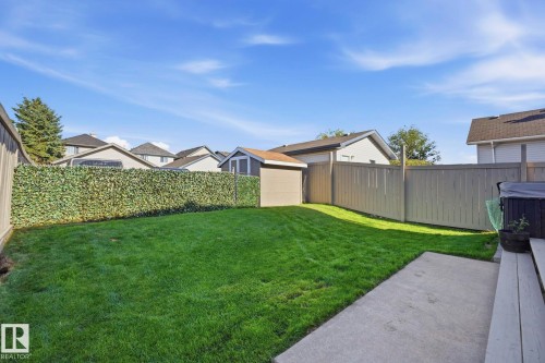 Expansive backyard featuring a lush lawn, concrete patio, and a light-toned wooden privacy fence - 215 85 Street Sw, Edmonton, AB 