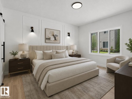 Bedroom featuring white paneled accent wall, wood-finish flooring, large window, and flush mount lighting - 3318 Chickadee Drive Nw, Edmonton, AB - Indoor Photo Showing Bedroom