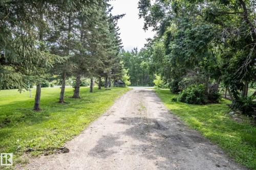 Gravel driveway framed by mature trees and manicured lawns - 11218 Twp Rd 590, Rural St. Paul County, AB - Outdoor