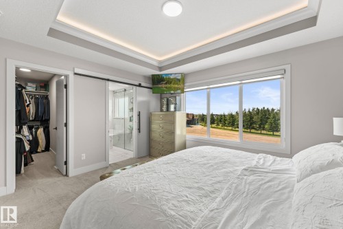 Bedroom featuring a tray ceiling with integrated lighting, a large window offering exterior scenery, and light gray wall paint - 12383 176 Avenue Nw, Edmonton, AB - Indoor Photo Showing Bedroom