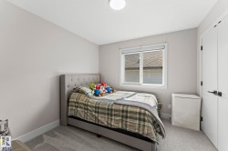 Bedroom featuring a window with a roller blind, light gray walls, white trim, and light gray carpet - 