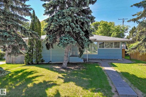 Ranch-style residence featuring blue siding and a light gray shingle roof - 12011 87 Avenue Nw, Edmonton, AB - Outdoor