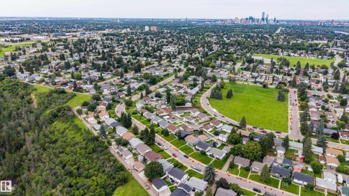 Expansive residential neighborhood featuring numerous detached properties, abundant mature trees, and a large green space with a distant city skyline - 10513 42 Street Nw, Edmonton, AB 