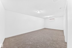 Spacious room featuring neutral carpeting, white walls, two flush-mount ceiling lights, a small window, and white baseboards - 