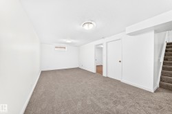 Carpeted room with white walls, two flush-mount ceiling lights, and a single window - 