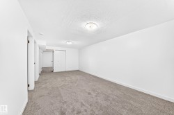 Spacious room featuring neutral carpeting, white walls, and bright overhead lighting - 