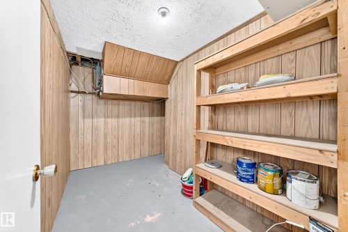 Basement utility space featuring a wood-panel accent wall and built-in shelving - 5519 142 Avenue Nw, Edmonton, AB - Indoor Photo Showing Other Room