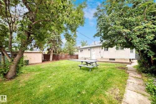 Expansive backyard featuring a manicured lawn, mature trees, and a concrete patio area - 5519 142 Avenue Nw, Edmonton, AB - Outdoor