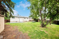 Expansive backyard featuring a manicured lawn, established mature trees, a concrete patio, and a utility shed - 