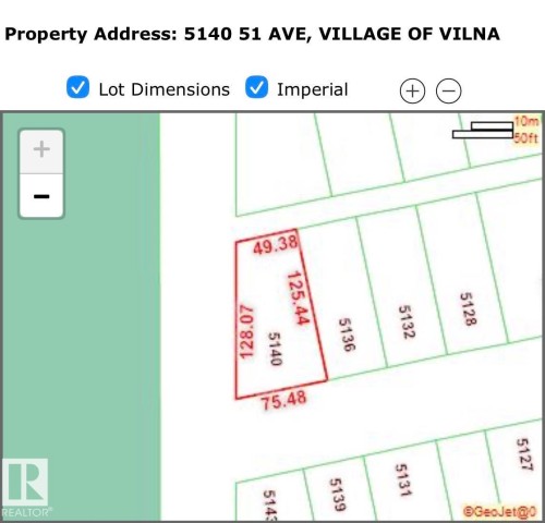 Property Survey. Displaying the property's boundaries and dimensions - 5140 51 Avenue, Vilna, AB 