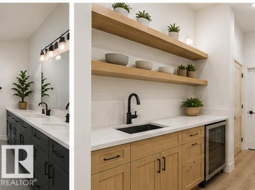 Dual vanity with dark cabinetry, white countertops, and matte black fixtures - 3320 Chickadee Drive Nw, Edmonton, AB - Indoor