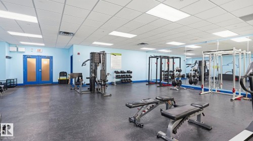 Spacious fitness area featuring rubberized flooring, recessed lighting, mirrored walls, and multiple workout stations - #361 7805 71 St Nw, Edmonton, AB - Indoor Photo Showing Gym Room