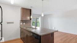 Modern kitchen featuring a substantial island with granite countertop and dark cabinetry, stainless steel appliances, pendant lighting, and abundant cabinet storage - 