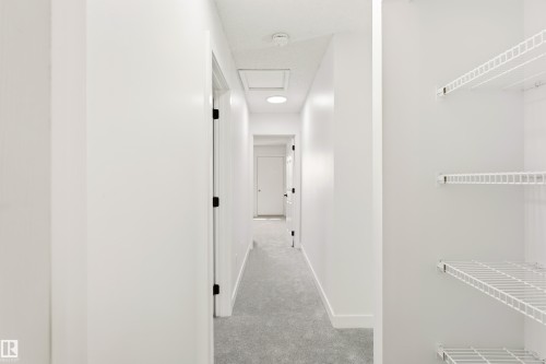 Hallway featuring light gray carpet flooring, white walls, and recessed lighting - #4 7604 29 Av Nw, Edmonton, AB - Indoor