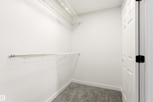 Walk-in closet featuring white wire shelving, white walls, gray carpet, white baseboards, and a white paneled door with black hardware - #4 7604 29 Av Nw, Edmonton, AB - Indoor With Storage