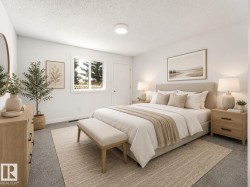 Spacious bedroom featuring light neutral walls, a window with natural light, and textured gray carpeting - 