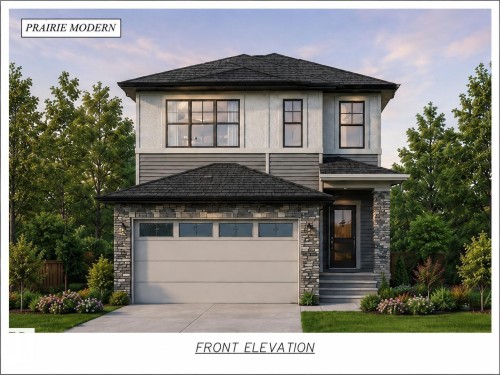 Prairie Modern architectural style featuring a stone and siding exterior - 1093 Starling Drive Nw, Edmonton, AB - Outdoor With Facade