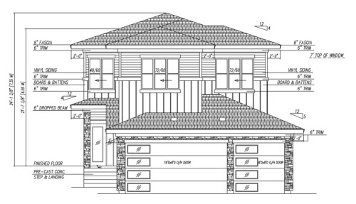 Architectural Drawing, Elevation View. Illustrating exterior dimensions, materials, and features of the property - 2 Southbridge Court, Calmar, AB - Other